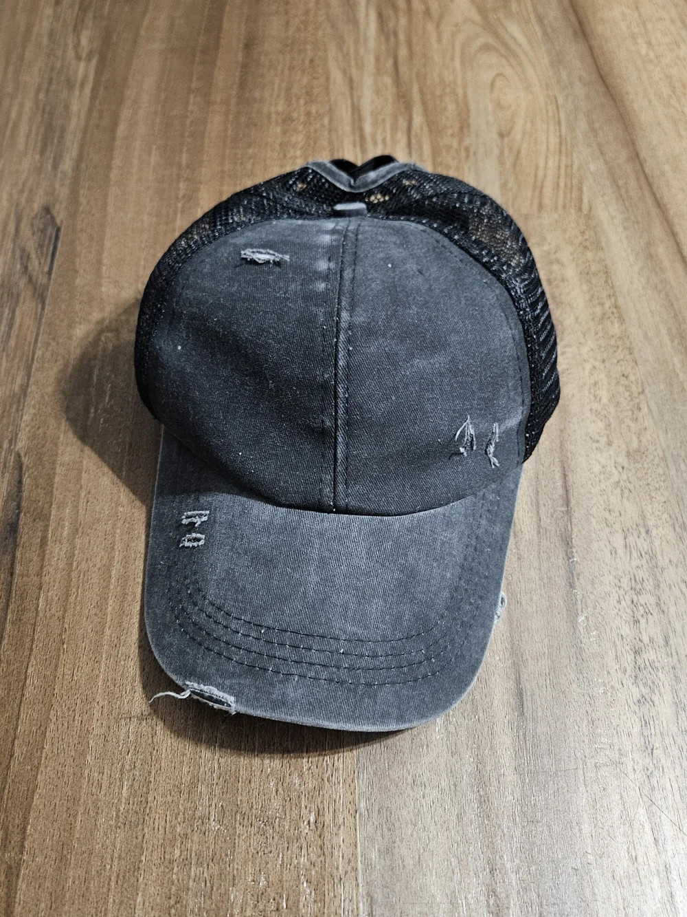 Black Distressed Mesh-Back Ponytail Cap
